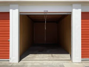Mini bodega abierta y vacía, con puerta metálica enrollable y paredes de madera