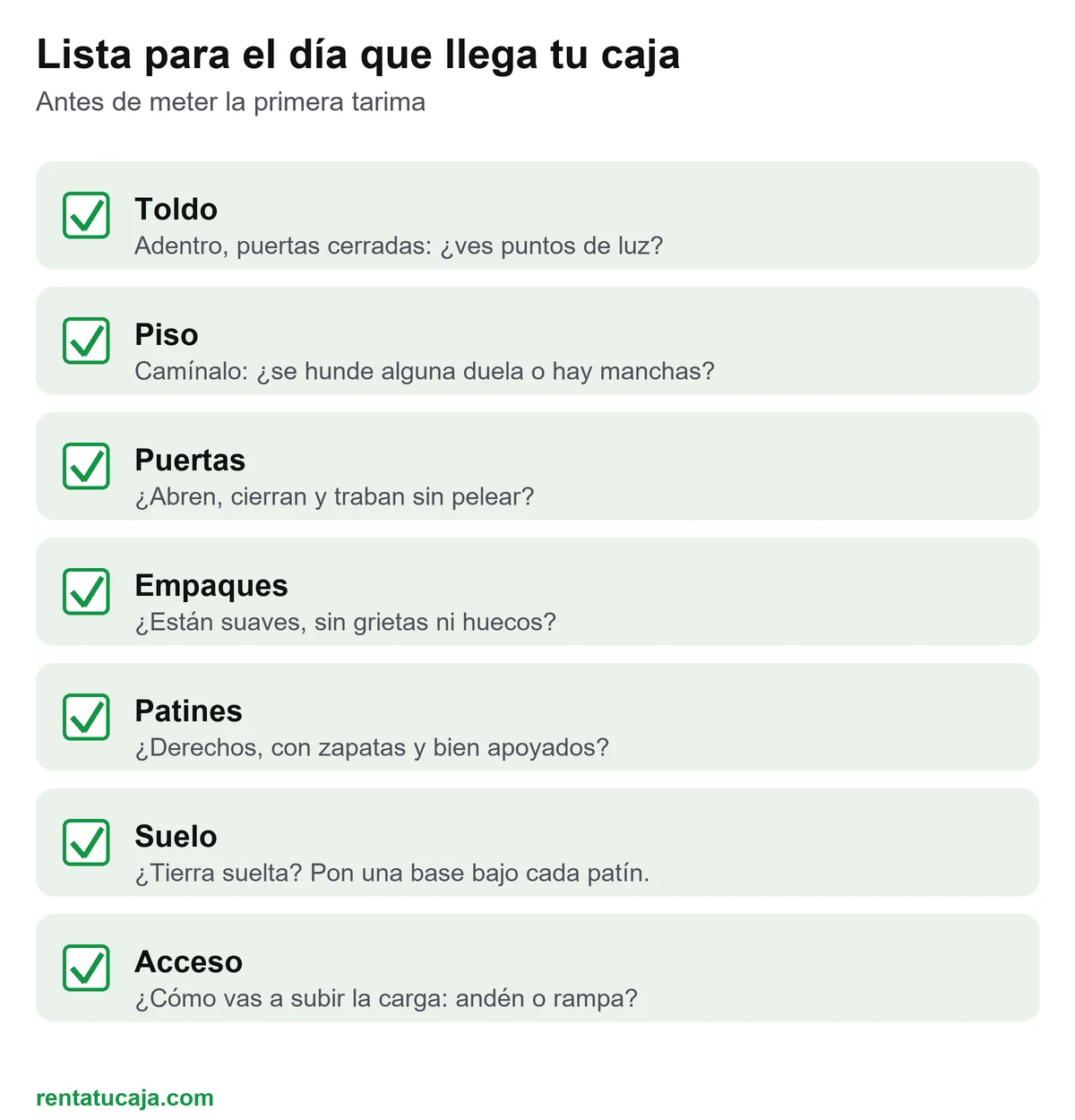 Lista de siete puntos para revisar una caja seca el día que llega: toldo, piso, puertas, empaques, patines, suelo y acceso