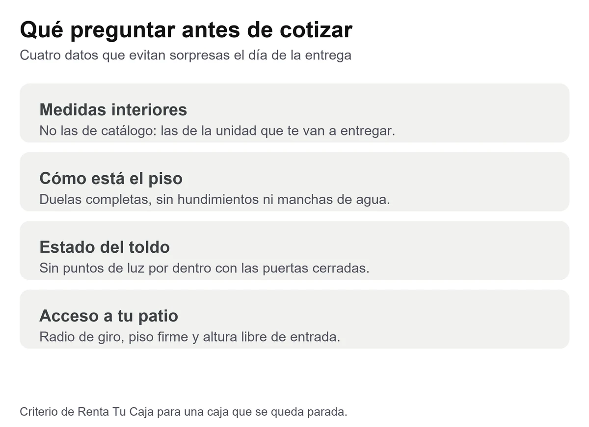 Tarjeta con cuatro datos que conviene preguntar antes de cotizar una caja seca: medidas interiores, piso, toldo y acceso