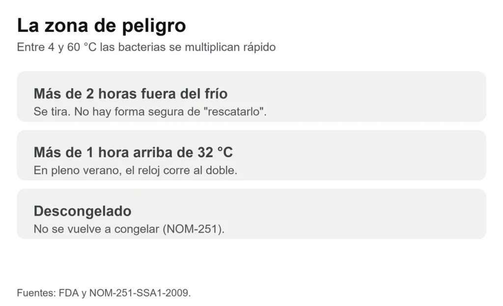 Tarjeta que explica la zona de peligro de temperatura en alimentos, de 4 a 60 grados, y el tiempo máximo fuera de refrigeración